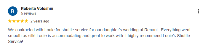 5 Star Google Review for Louie's Shuttle Bus